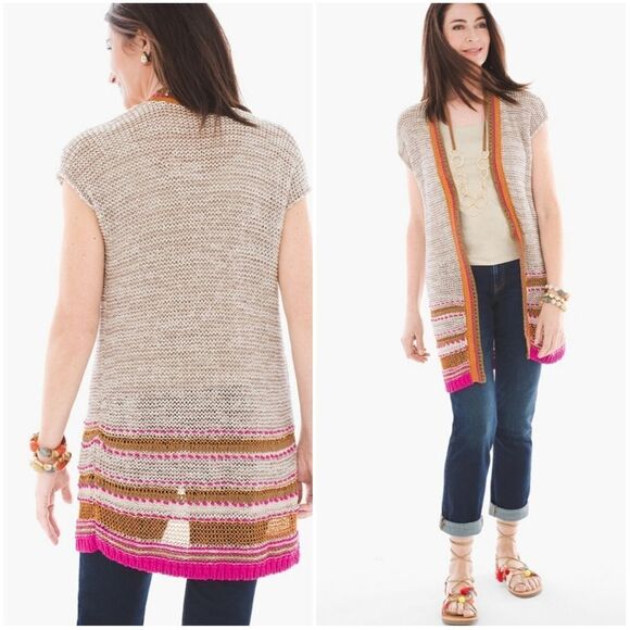 Chico's Color Pop Multicolor Knit Longline Cardigan Orange Pink Plus Size - Picture 3 of 16